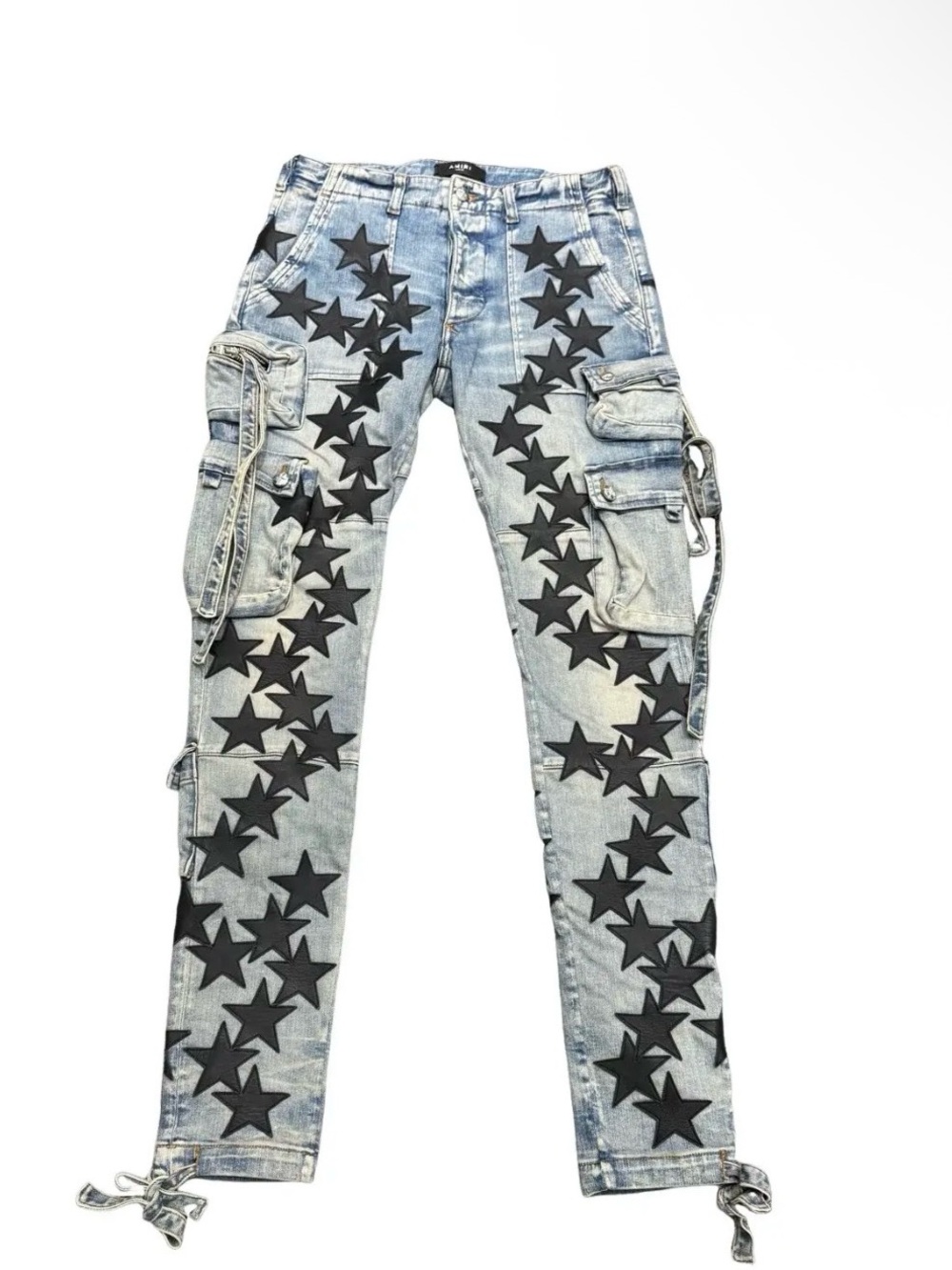 AMIRI Light Blue Denim Skinny Jeans with Black Star Print